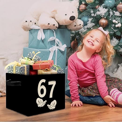 Black and White Funny 6 7 Meme Storage Bins Box with Handles, Hand Holding Number Six Seven Laundry Basket Hamper Collapsible Clothes Toys Organizer for Kids Boys Girls Room Nursery