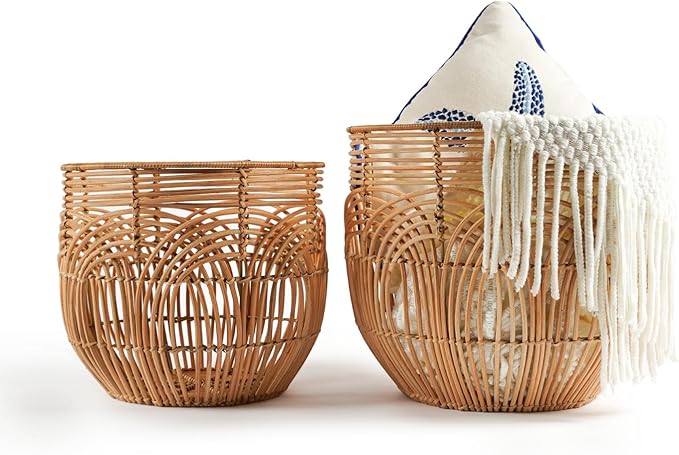 Set Of 2 Large Woven Blanket Baskets | Round Wicker Rattan Storage Floor Baskets for Shoe In Living Room | Extra Big Boho Rattan Laundry For Pillow, Blanket, Clothes