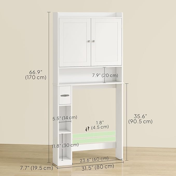 HOMCOM Over The Toilet Storage Cabinet, Modern Above Toilet Bathroom Organizer with 2 Doors, Storage Shelves, Toilet Paper Holder, Freestanding Space Saver for Bathroom, Laundry, White