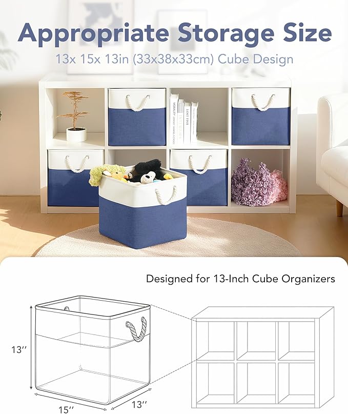 13x15x13 Storage Cube Bins, Heavy Duty Foldable Fabric Storage Bins with Handles and Metal Frame, 6 Pack Large Closet Organizer Bins for Clothes, Socks, Towels, White Blue
