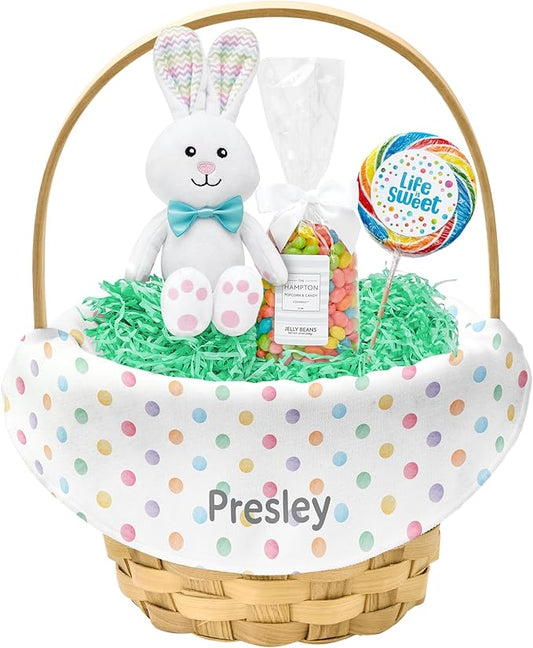 Let's Make Memories Personalized Easter Basket for Kids- For Boys - For Girls - Create Your Own - Fillable - Wicker - Easter Basket Stuffers - Large - Watercolor Dots