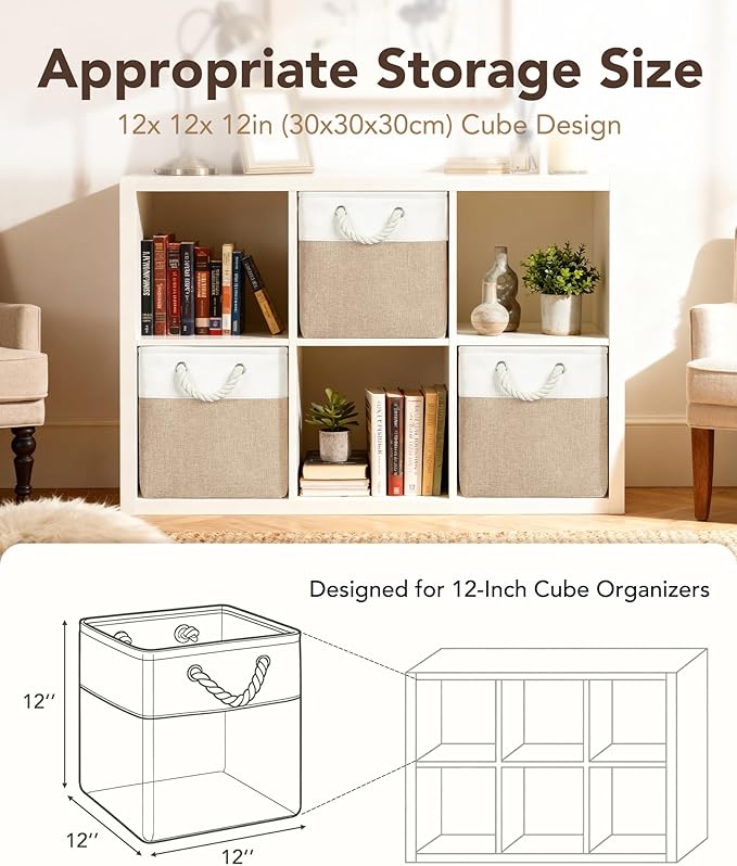 12x12 Storage Cube Bins, 6 Pack Reinforced Bottom Cardboard Foldable Box, Organizer for Closet Shelves, Heavy Home Storage Baskets (White Khaki)