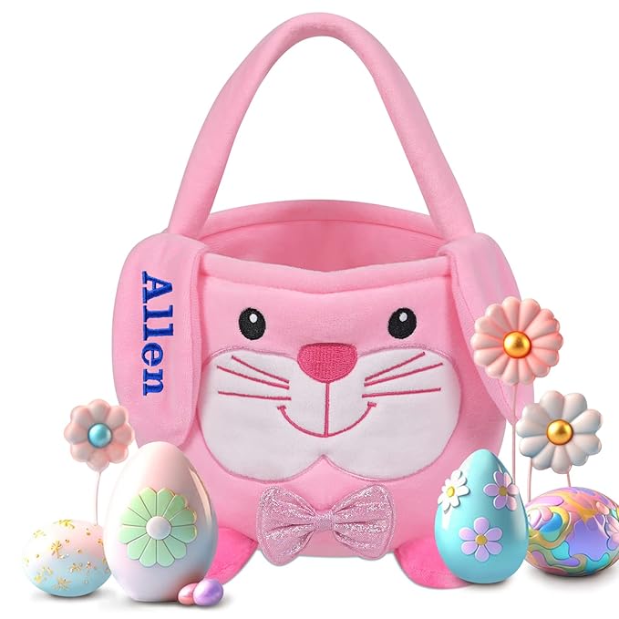 Personalized Easter Basket, PEMIRSAYO Easter Baskets for Kids Easter Bunny Baskets Custom Easter Basket Personalized Easter Gifts Toddler Easter Baskets Empty - Pink Bunny