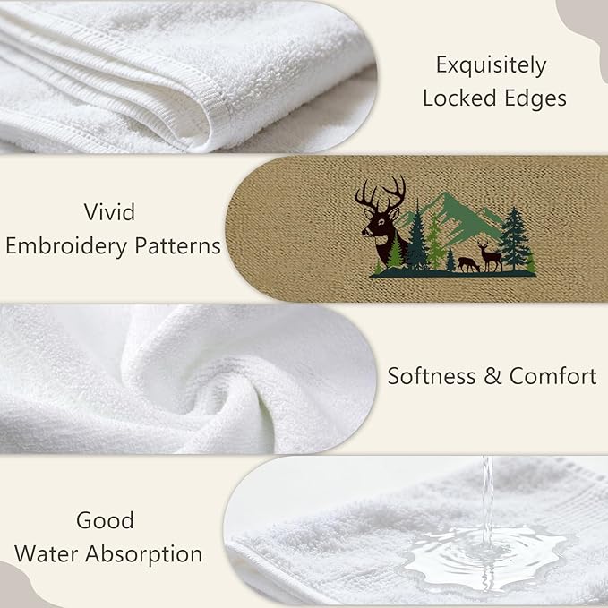 4 Pcs Forest Moose Deer Hand Towels Elk Embroidered Towels Set - 29" x 13.3" Cotton Bath Towel, Deer Rustic Farmhouse Decor, Nature-themed Hand Towel for Kitchen Bathroom Decor Housewarming Gift