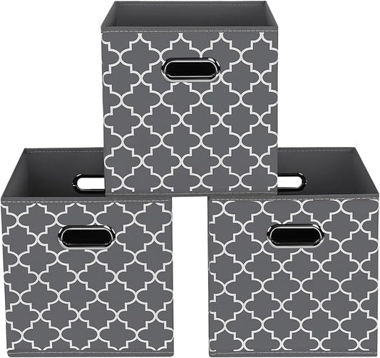 Fabric storage bins Cubes, Fabric Cube Organizer with Handle, Foldable Cube Bins for Cloth or Accessary Storage, 11x11x11, Set of 3, (Gray Light)