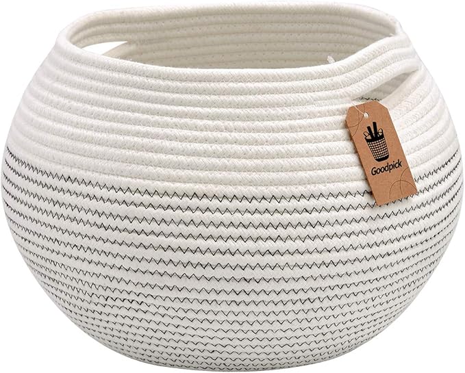 Goodpick Round Cotton Rope Storage Basket for Living Room, Bathroom, Kids' Corner & Shelves, Stores Towels, Cat Toys, Plants, White, 10"D x 8.3"H
