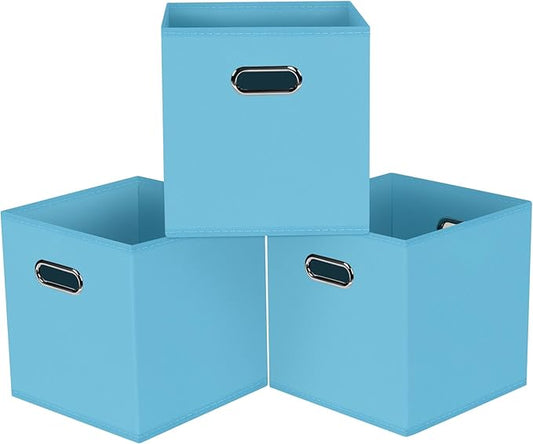 Black Foldable Storage Cubes Bins, Fabric Storage Box Cubes Organizer Baskets with Dual Handles for Home Organizer,Set of 3,(Blue)