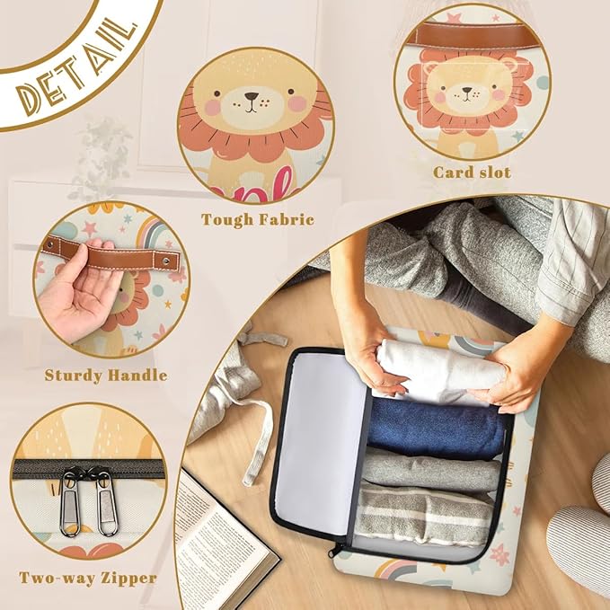 Custom Cute Lion Storage-Bin With Zipper Lid for Kids-Girls-Boys-Baby-Pet,Personalized Name Foldable Storage Box with Handle,Baby Basket With Label for Bedroom Nursery Toy Clothes,Beige