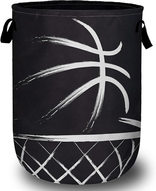 Black Basketball Laundry Basket, Foldable Sport Ball Theme Laundry Hamper Tote Bag Dirty Clothes Storage Bucket Toy Organizer for Bathroom/Laundry/Bedroom 15.7"x19.6"