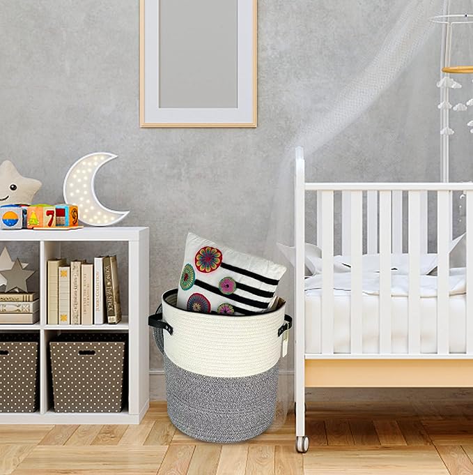 Cotton rope Storage Basket with Zipper cover & Woven baskets with Lid easy to move Multi-Purpose Storage Basket for Living Room, 13 x14 inches(Grey+White)