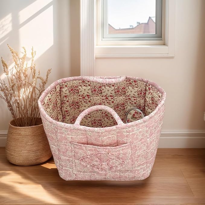 JQWYGB Foldable Laundry Basket Boho Bear Storage Basket Floral Quilted Fabric Car Storage Basket Handles Large Laundry Baskets for Clothes and Dolls