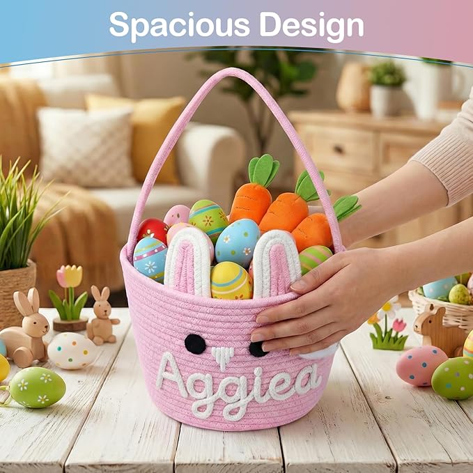 Personalized Easter Baskets for Boys Girls with Bunny Bracelet, Cute Bunny Custom Easter Basket for Baby Boy Girl with Colorful Rope Embroidered Name for Egg Hunts (Cute Bunny Emoji)