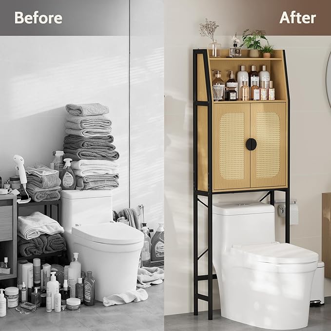 Over The Toilet Storage Cabinet with Rattan Doors, Bathroom Organizer with Adjustable Shelf, Metal Frame & Anti-Tip Device, Space-Saving Wood Cabinet for Bathrooms, Laundry Room, Natural