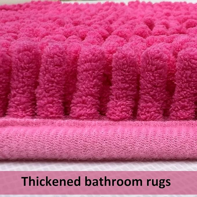 Hot Pink Chenille Striped Bath Rug Set - 20" x 32"/16" x 24" Non Slip Thick Soft Bath Mats for Bathroom, Kitchen/Living Room