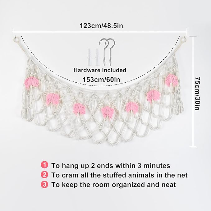 60"Stuffed Animal Net or Hammock for Stuffed Animal Storage,Flat Wall Mounted Hanging Net Organizer for Kids Plush Toys,Space-Saving Wall Storage with Hooks,Durable Mesh for Nursery & Playroom (White)