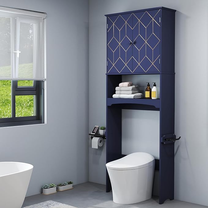 HLR Over The Toilet Storage Cabinet with Gold Trim, Over Toilet Bathroom Organizer with Adjustable Shelves and Toilet Paper Holder, Above Toilet Storage Cabinet Spacesaver for Bathroom (Blue)