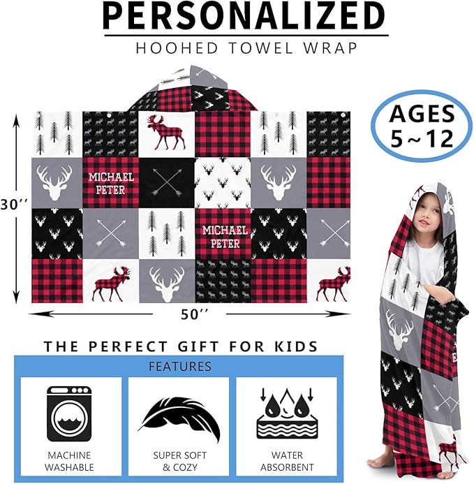 Hooded Towel for 3-12 Years Boys Girls Kids Buffalo Plaid Deer Woodland Bath Pool Beach Towel Wrap Extra Large Soft Absorbent Beach Poncho