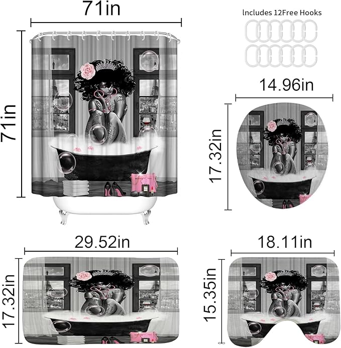 4Pcs African American Shower Curtain Sets with Rugs, Black Girl Shower Curtain for Bathroom Decor Sets with Paris Eiffel Tower Art Pattern, Grey Waterproof juego de baño, with 12 PCS Hooks