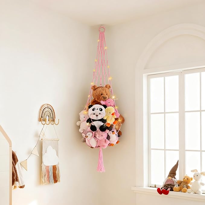 Stuffed Animal Hammock Corner Net with LED Light Plushies Storage Hammock for Stuffed Animals Boho Room Decor Macrame Wall Decor