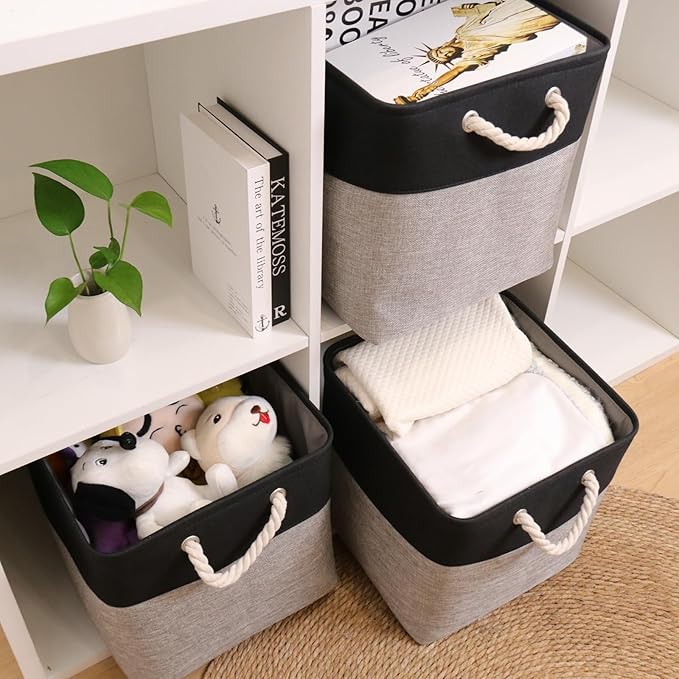 HOdo Home Fabric Storage Bin with Drawstring Closure and 2 Bold Handles, Collapsible Large Canvas Storage Baskets for Organizing Shelf Nursery Home Closet (Grey&Black, 13L×13W×13H - 3Pack)