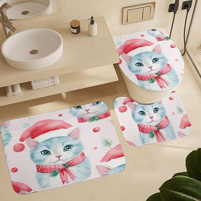 4 Piece Decor Shower Curtains Sets with Rugs Toilet Lid Cover And Bath Mat Christmas Cat Waterproof Shower Curtain Cat Lady Pet Lover for Bathroom Decor Set Merry Christmas Shower Curtain Set