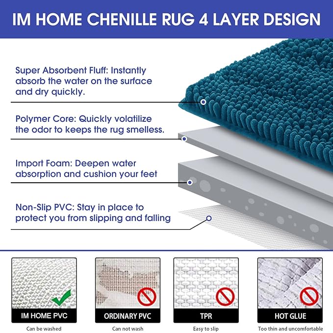 ACCUMTEK Comfydew Striped Teal Blue Bathroom Rug Set 3 Pieces Ultra Soft, Non Slip Chenille Toilet Mat, Absorbent Plush Shaggy Bath Mats for Bathroom, Bedroom, Kitchen
