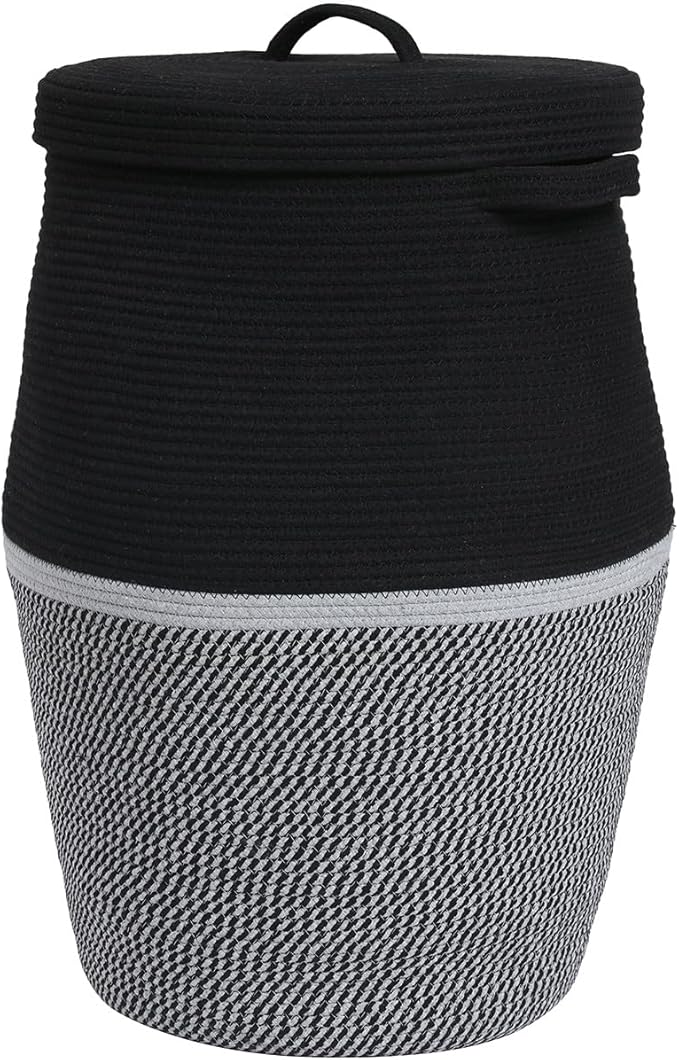 Handcrafted Tall Cotton Rope Basket with Lid, Stylish Flagon Shape with Cover, Clothes Hamper with Top, for Bedroom and Living Room (Two Sides Black/Black Mix, 26"x20")
