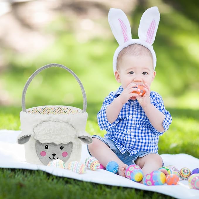 DearSun Exquisite Embroidery ! Personalized Plush White Lamb Basket Easter Egg Hunting Basket with Embroidery Name (Plush White Lamb)