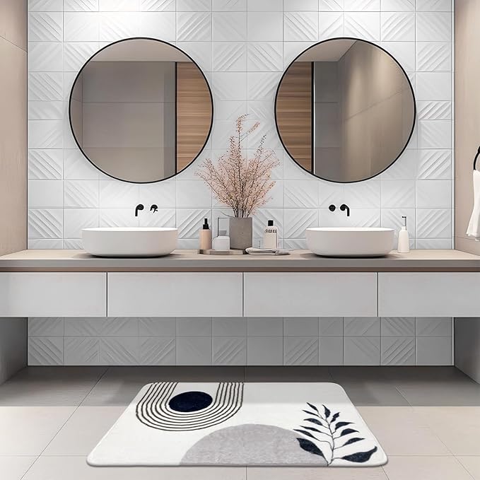 17"X24" Boho Bath Rugs for Bathroom Decor Non-Slip Bath Mat Absorbent Plush Microfiber Soft Carpet Machine Washable Bath Mat for Bathrooms,Showers,Laundry Rooms,White and Black
