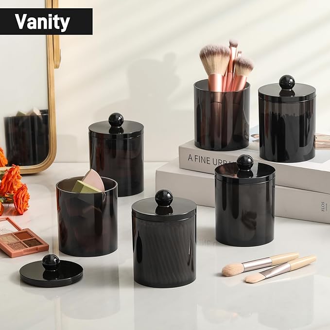 2 Pack Acrylic Qtip Holder Dispenser for Cotton Swabs, Balls, Pads, Floss Picks- Clear Plastic Canister Apothecary Jar Set, Bathroom Essentials Accessories Decor Vanity Makeup Storage Organizer -Black