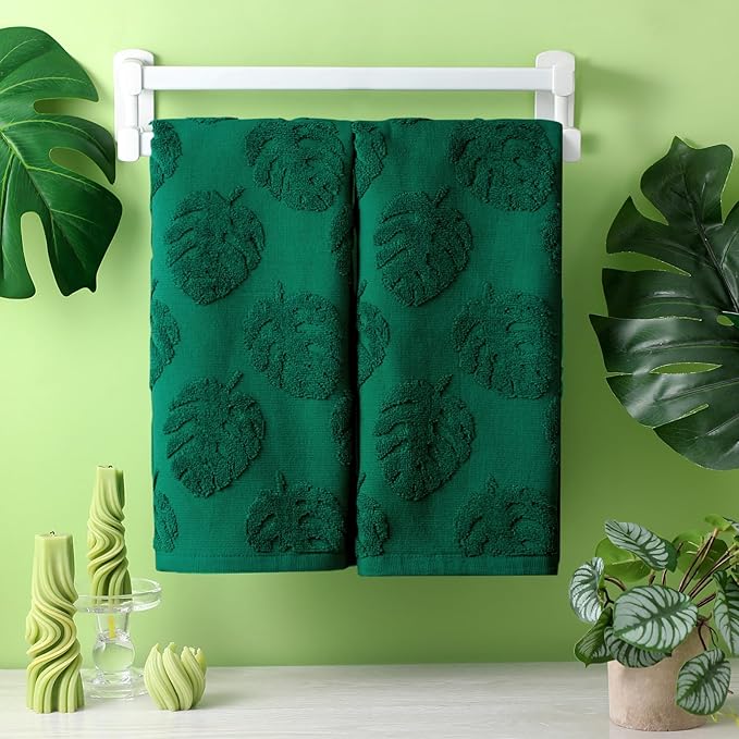 2pcs Monstera Leaves Hand Towels for Bathroom 100% Cotton Jacquard Weave Bath Towel Absorbent Dish Washcloth for Bathroom Kitchen Beach Summer Plant Gifts 13.8 x 29.5 Inch (Dark Green)