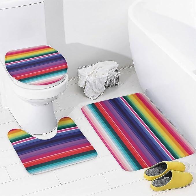 4 Piece Bathroom Rug Set with Shower Curtain, Non-Slip Bath Mat Toilet Cover Set, Colorful Mexican Stripes Bathroom Rug Sets