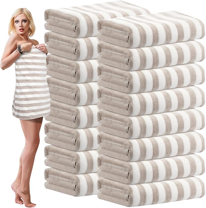 16 Pack Microfiber Bath Towels Bulk 27'' x 60'' Oversized Size Bath Towel Highly Absorbent Extra Large Soft Drying for Shower Beach Winter Salon Sport Gym Party (Stripes,Brown)