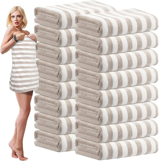 16 Pack Microfiber Bath Towels Bulk 27'' x 60'' Oversized Size Bath Towel Highly Absorbent Extra Large Soft Drying for Shower Beach Winter Salon Sport Gym Party (Stripes,Brown)