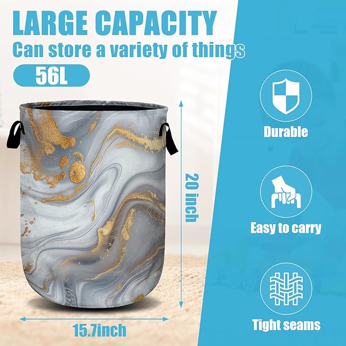 White Gold Marble Laundry Basket, Laundry Hamper Collapsible Oxford Cloth with Handle Clothes Toy Storage Bin for Bathroom Laundry Room Bedroom 15.7 X 20 Inch