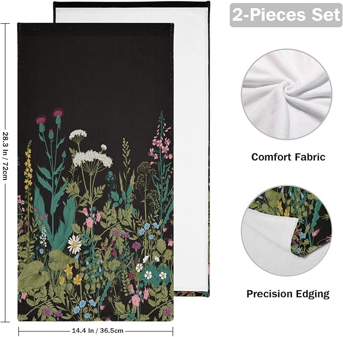 2 Pcs Green Herbs Wild Flower Decorative Hand Towels for Bathroom,Soft Absorbent Vintage Spring Floral Botanical Black Dish Towels for Kitchen,Quick Dry Guest Bathroom Towels for Face 14"x28"