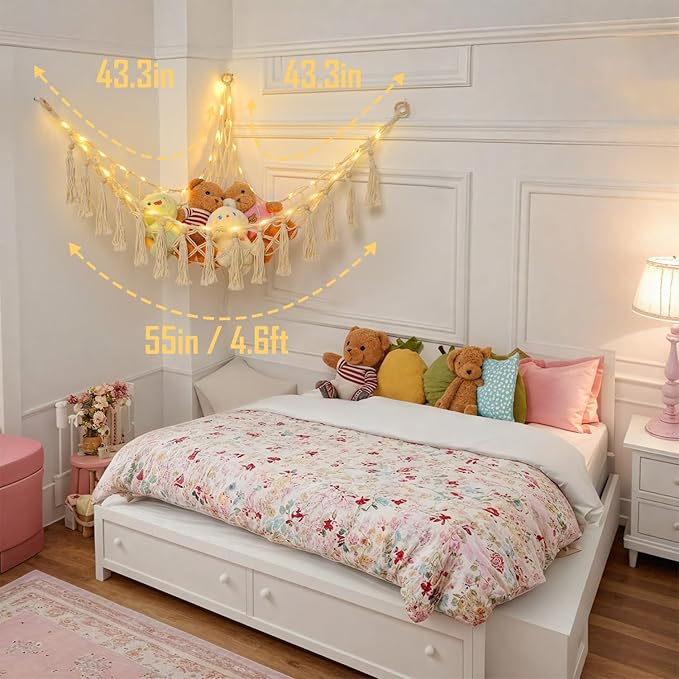 Stuffed Animal Hammock with 75LEDs, Extra Large 55in Toy Storage Macrame Hammock, Hanging Toy Net for Kids Bedroom Doll Room Corner Organizer, USB Plush Toy Hammock with Remote(XL)