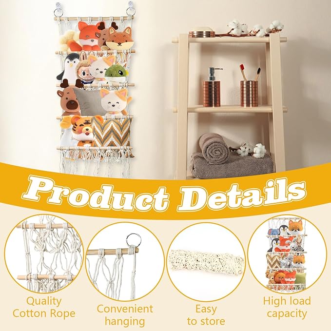 Stuffed Animal Net, Toy Net Hammock for Stuffed Animals with 4 Layers, Plush Hammock Stuffed Animal Hammock Corner, Boho Macrame Wall Hanging Stuffed Animal Storage (Beige)