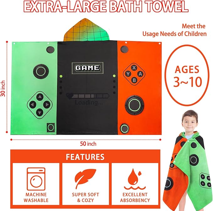 Hooded Towels for Kids- Ultra Soft 100% Cotton Video Game Gamepad Toddler Hood Bath Towels/Pool Terry Towel Beach Poncho Wrap Absorbent Cute Bath & Swim Wrap for Boys & Girls 3-10 Years