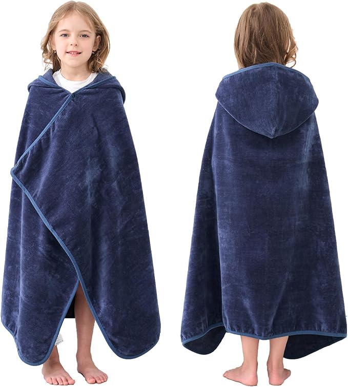 Hiturbo Kids Hooded Bath Towel: 100% Cotton Soft Thick Absorbent Towels Wrap - 50"x30" Shower Beach Pool Wearable Blanket for 3-12 Yrs Boys Girls - Navy