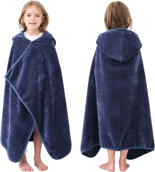 Hiturbo Kids Hooded Bath Towel: 100% Cotton Soft Thick Absorbent Towels Wrap - 50"x30" Shower Beach Pool Wearable Blanket for 3-12 Yrs Boys Girls - Navy
