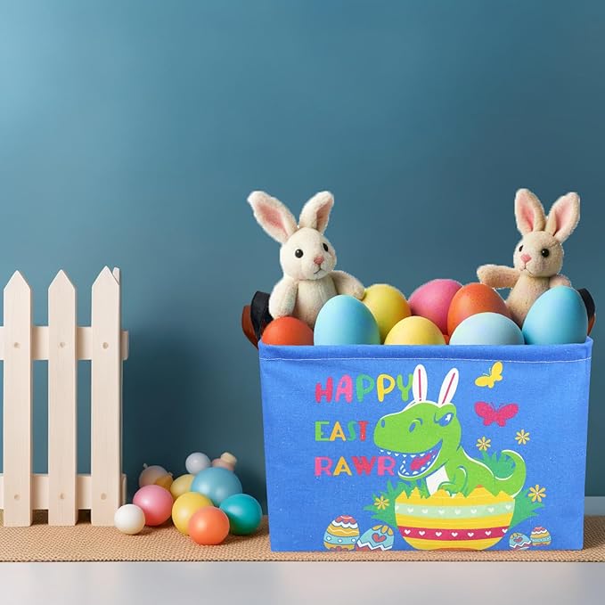 Personalized Dinosaur Easter Basket Bluey Fabric Large Empty Easter Basket for Boy and Girl (Dinosaur Blue Background)