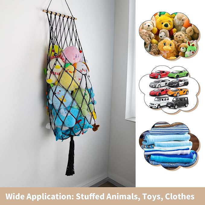 Stuffed Animal Storage Net, 68 Inch Jumbo Macrame Vertical Stuffed Animals Hammock Corner, Wall Ceiling Hanging Stuffy Hammock Plushie Holder Display for Kid Boy Girl Gift Boho Nursery Decor (Black)