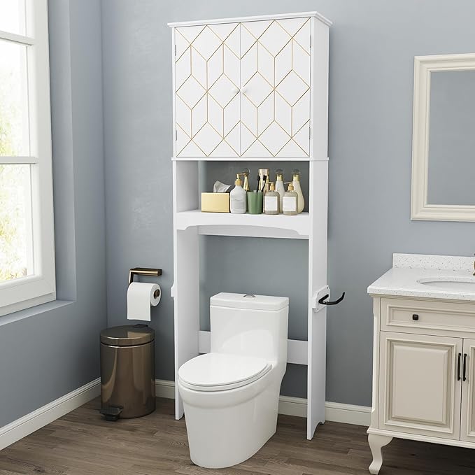 HLR Over The Toilet Storage Cabinet with Gold Trim, Over Toilet Bathroom Organizer with Adjustable Shelves and Toilet Paper Holder, Above Toilet Storage Cabinet Spacesaver for Bathroom(White)