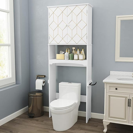 HLR Over The Toilet Storage Cabinet with Gold Trim, Over Toilet Bathroom Organizer with Adjustable Shelves and Toilet Paper Holder, Above Toilet Storage Cabinet Spacesaver for Bathroom(White)