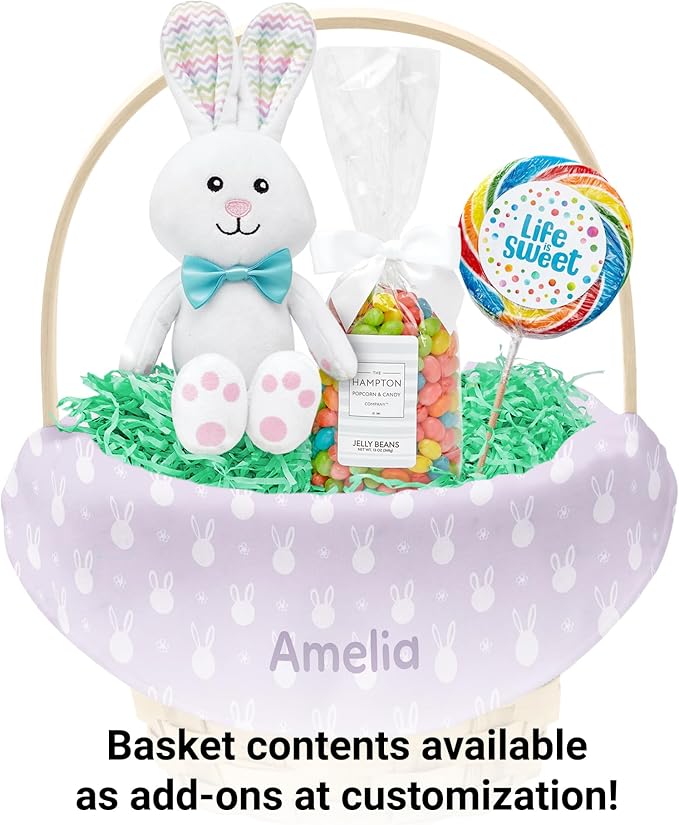 Let's Make Memories Personalized Easter Basket for Kids - For Boys - For Girls - Create Your Own - Fillable - Wicker - Easter Basket Stuffers - Small - Purple Bunny Faces