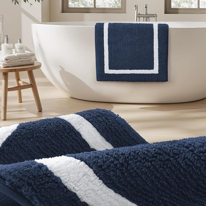 HOMEIDEAS Bathroom Rugs Sets 2 Piece, Super Soft and Absorbent Microfiber Tufted Bath Mats, Non-Slip and Machine Washable Bath Rugs(Navy Blue)