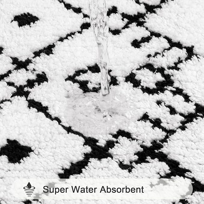 HEBE Bathroom Rug Sets 5 Piece, Soft Absorbent Bath Mats for Bathroom, Non Slip Machine Washable Bath Rugs Set with U Shaped Contour Toilet Rugs, Bath Runner and Toilet Lid Cover, White/Black