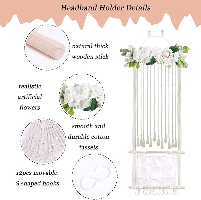 Headband Holder for Girls Hair Bows, Large Capacity Baby Headbands Organizer Storage Hair Clips Hanger Storage Flower Crown Bow Holder Wall Door Hanging Decor for Nursery Room