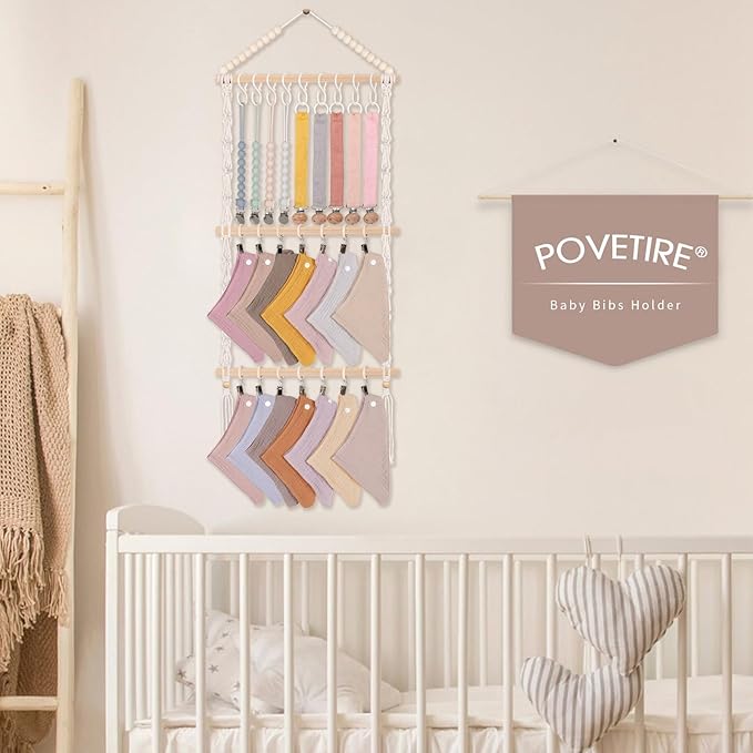 POVETIRE Pacifier Clip Holder Bibs Organizer, Neutral Bibs Holder Baby Bandana Drool Cloths Organizer Storage Hanging Wall Decor for Nursery Newborn Infant Girls and Boys Room